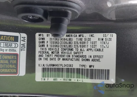 2015 Honda Cr-V Ex from USA, damaged, VIN 5J6RM4H57FL043562